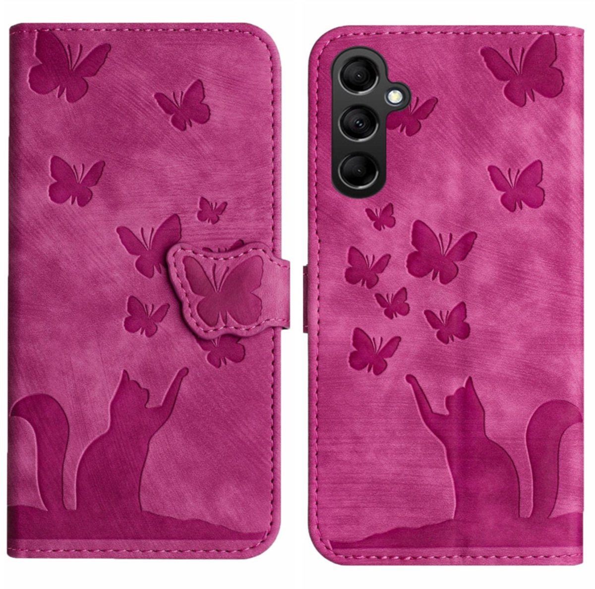 BookCover Hoes Etui geschikt voor Samsung Galaxy A27 - Vlinders en Kat - Roze - Reliëf