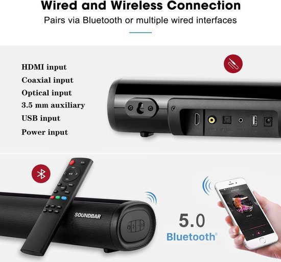 Soundbar voor TV - Kleine speaker - Thuisbioscoop - 3 EQ Modi - 50 cm - Zwart — afbeelding 5