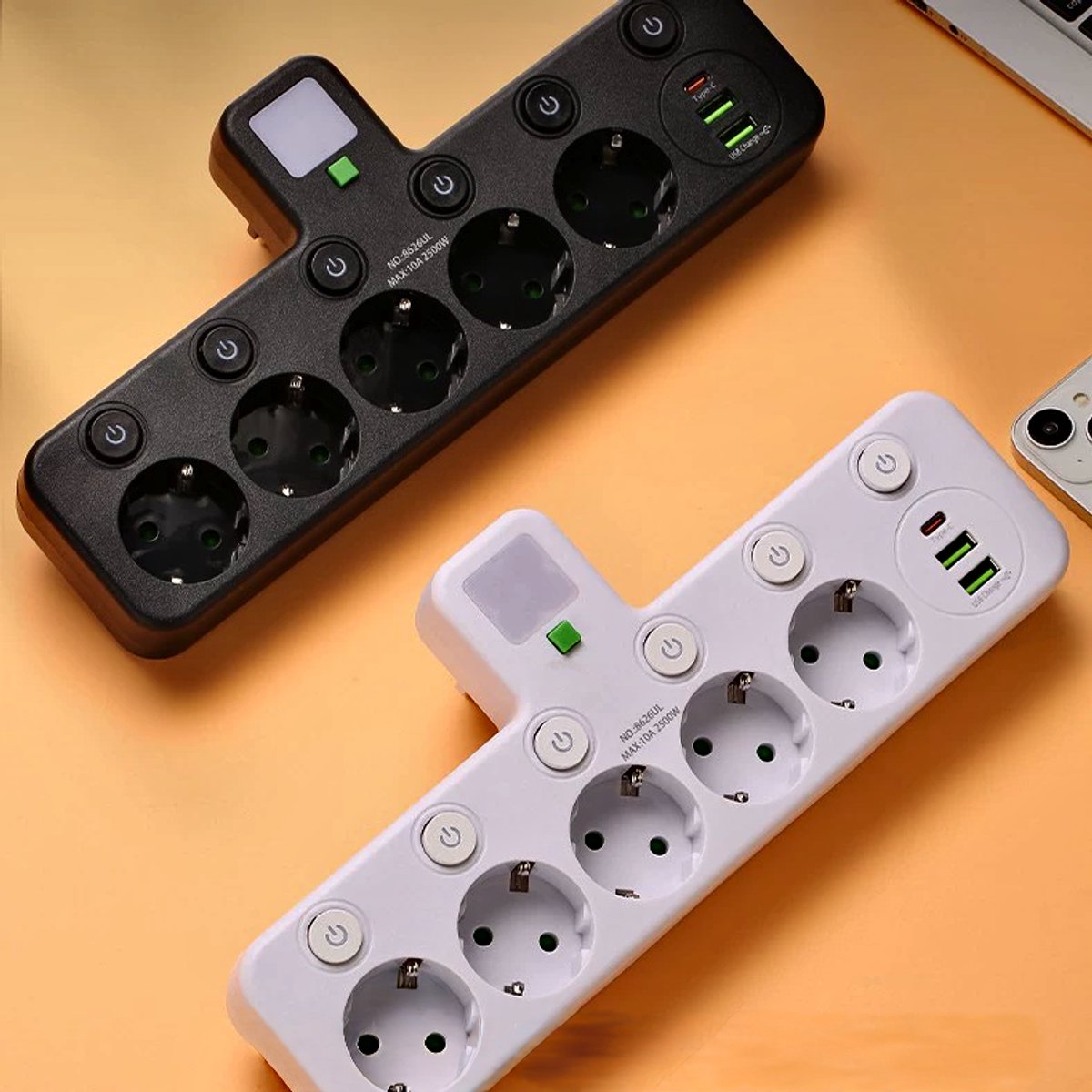 2 multifunctionele stopcontacten - Multifunctioneel met schakelaar en USB-poort - Slimme USB-stekkerdoos - Type-C opladen - Met nachtlampje - Zwart/Wit
