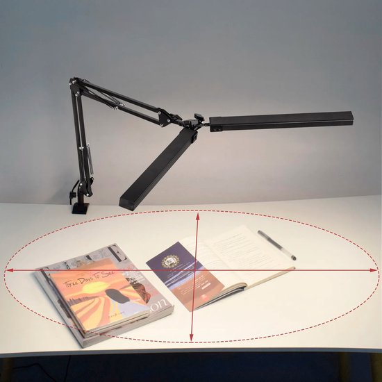 Verstelbare LED-bureaulamp - Bureauleeslamp - Bureaulamp met dubbele kop - Leeslamp - Kantoorlamp - Dimbare bureaulamp - 24W - 12V/2A Directe stekker - Zwart — afbeelding 2