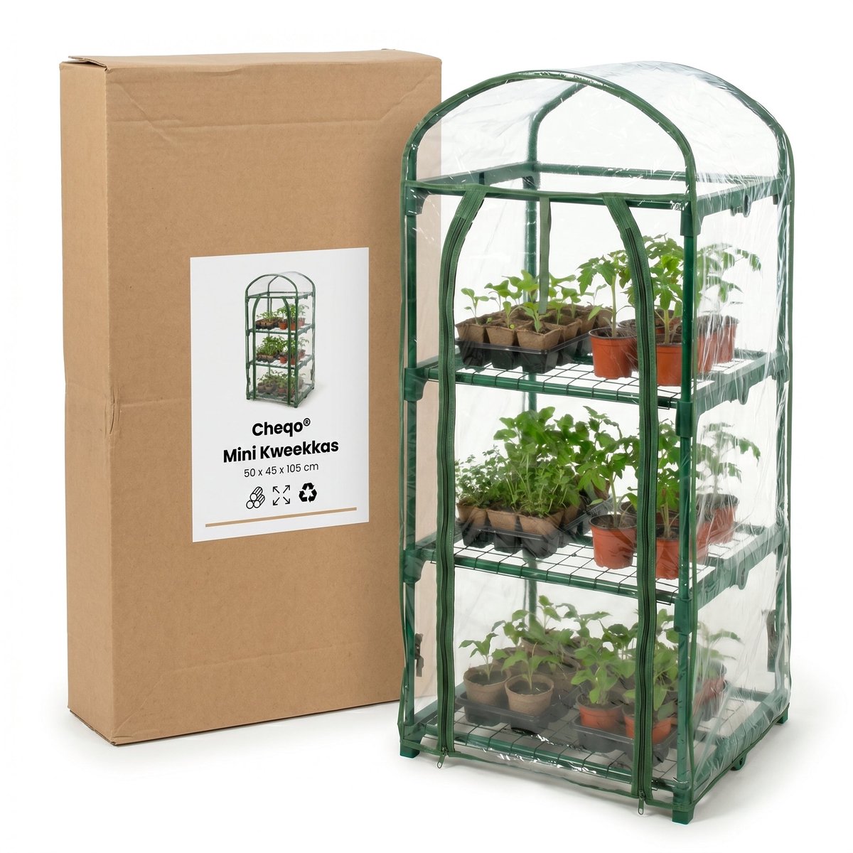 Cheqo® Kweekkas - Broeikas - Tuinkas - Plantenkas - Mini Kas - Mini Serre - Foliekas - Opzetkas met 3 Verdiepingen en Roldeur - voor Balkon en Tuin - Tomatenkas - Plantenhuisje - Kasje voor Buiten - Stekken en Kweken – foto 7