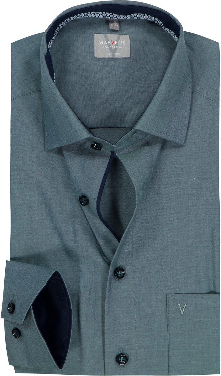 MARVELIS comfort fit overhemd - popeline - olijfgroen - Strijkvrij - Boordmaat: 43 (EU maat: XL)