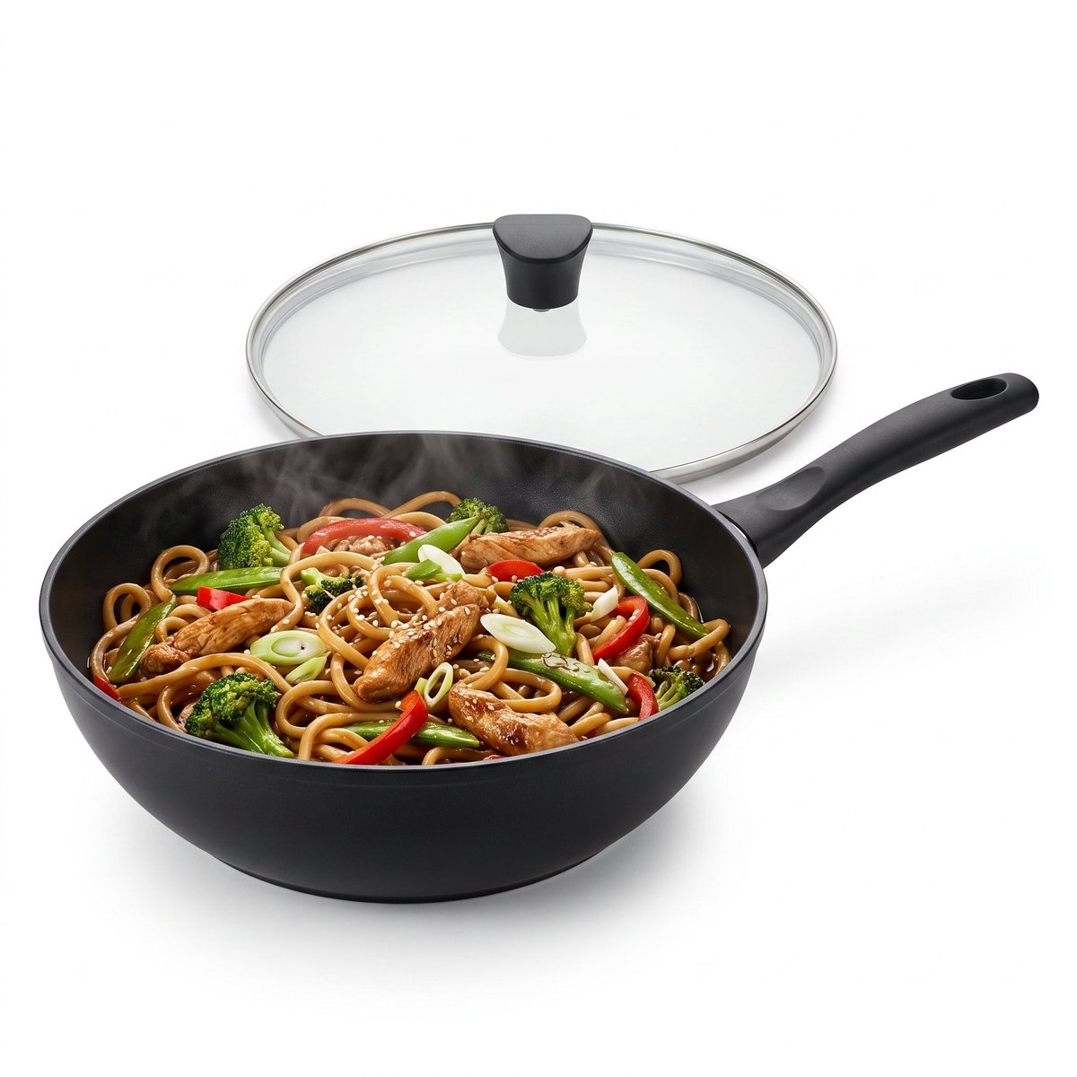 Cheqo® Wokpan met Glazen Deksel - Wok - Wokpan Inductie - Wokpan met Anti-aanbaklaag - Wadjan - Wokpan Zwart - Wokpan voor Alle Warmtebronnen - Wokpan voor Gasfornuis en Keramische Kookplaat - Roerbakpan - Hapjespan - Wokpan Antikleeflaag