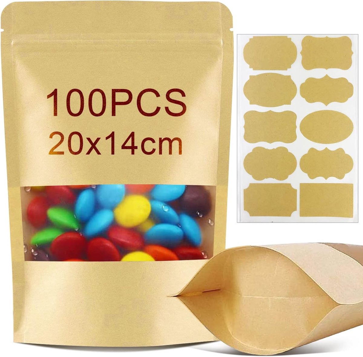 Kraft papieren zakken met venster - 100 stuks staande zakken 20 x 14 cm voor voedsel, noten, koffie en kruiden