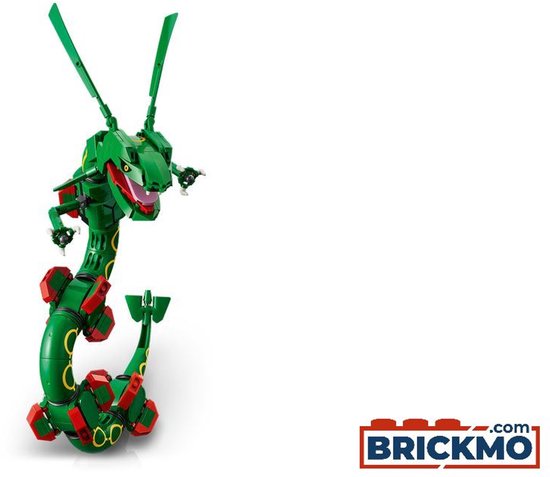 Groene LEGO Rayquaza in een S-vorm, met rode en gele details.