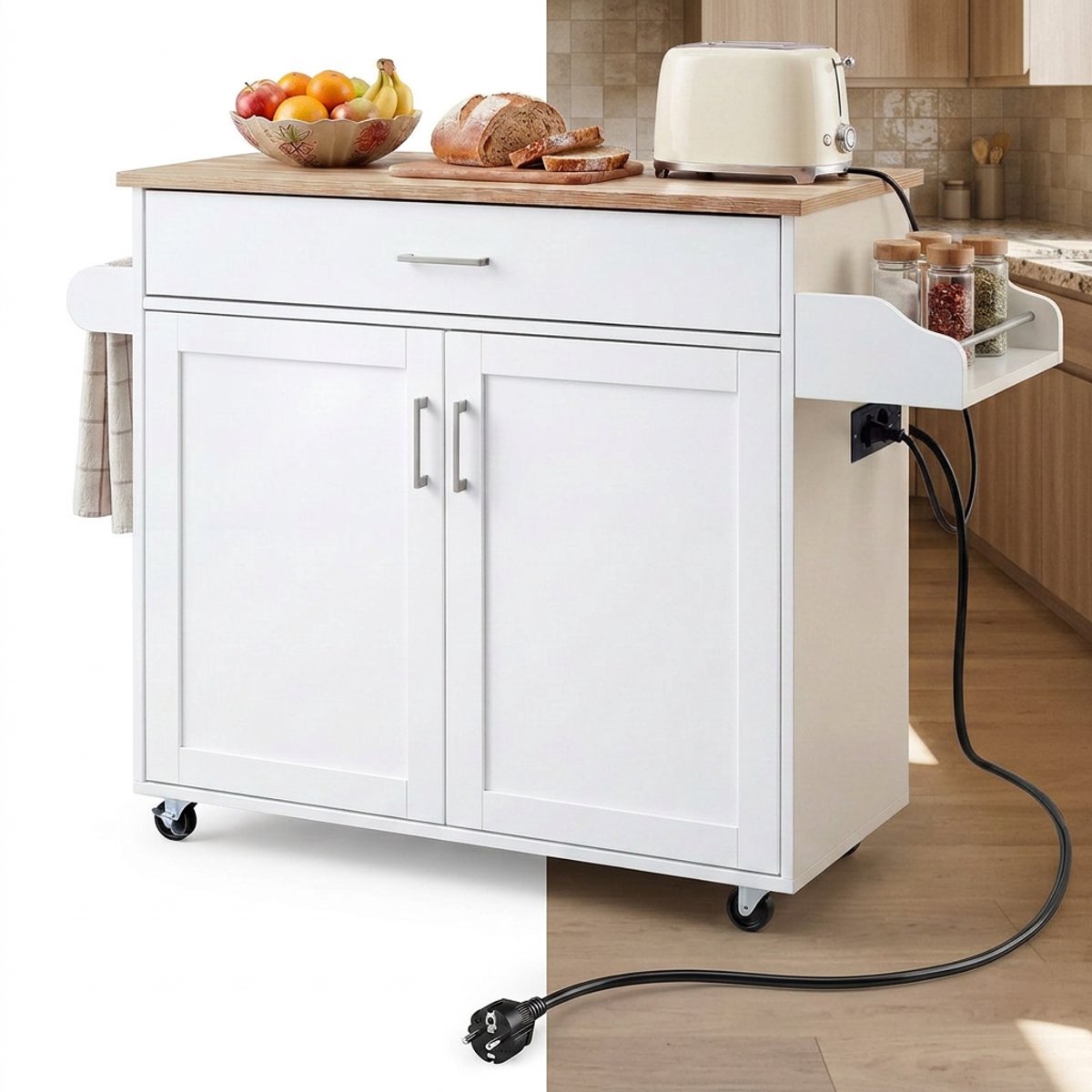 Buitenkeuken op Wielen – BBQ Trolley – Met Opbergkast & Planken – Werktafel voor Buiten – hout, MDF – Multifunctioneel – Wit