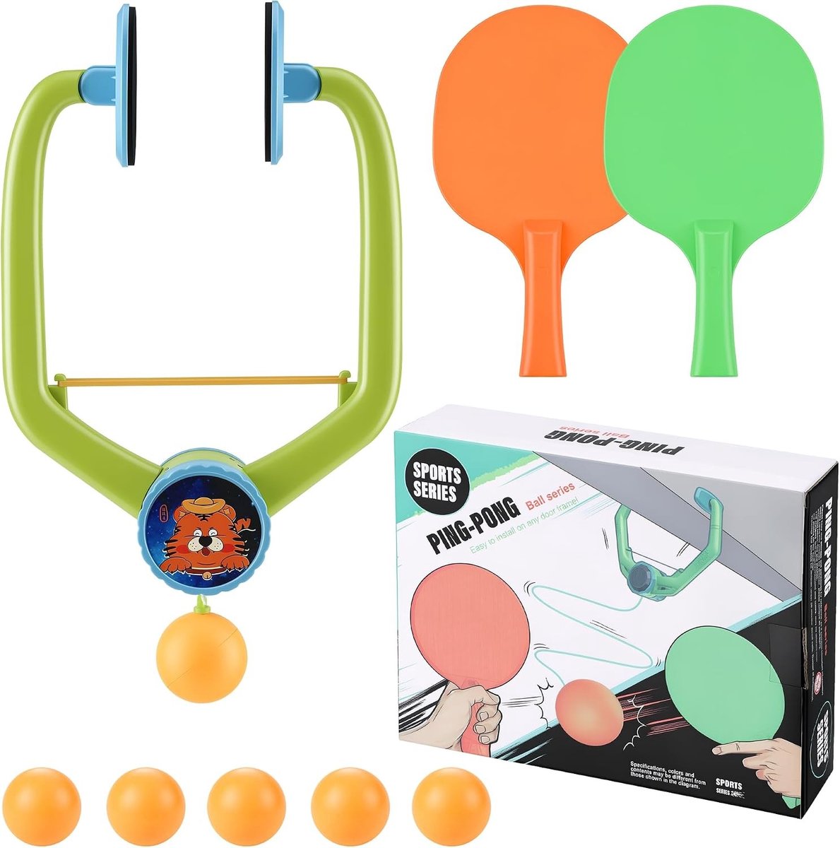 Hangende tafeltennistrainer voor kinderen | Indoor pingpong spel boven de deur met 2 rackets en accessoires voor tafeltennis training