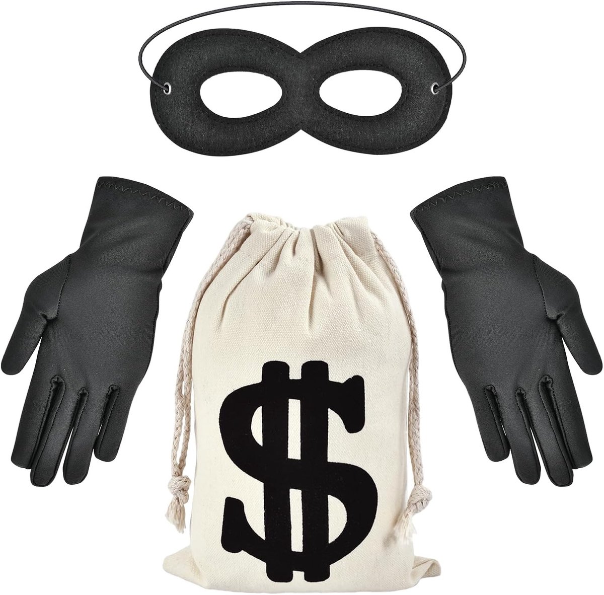 Complete set met dieven kostuumaccessoires, masker voor gemaskerde bal, dollarportemonnee en meer voor volwassenen en kinderen