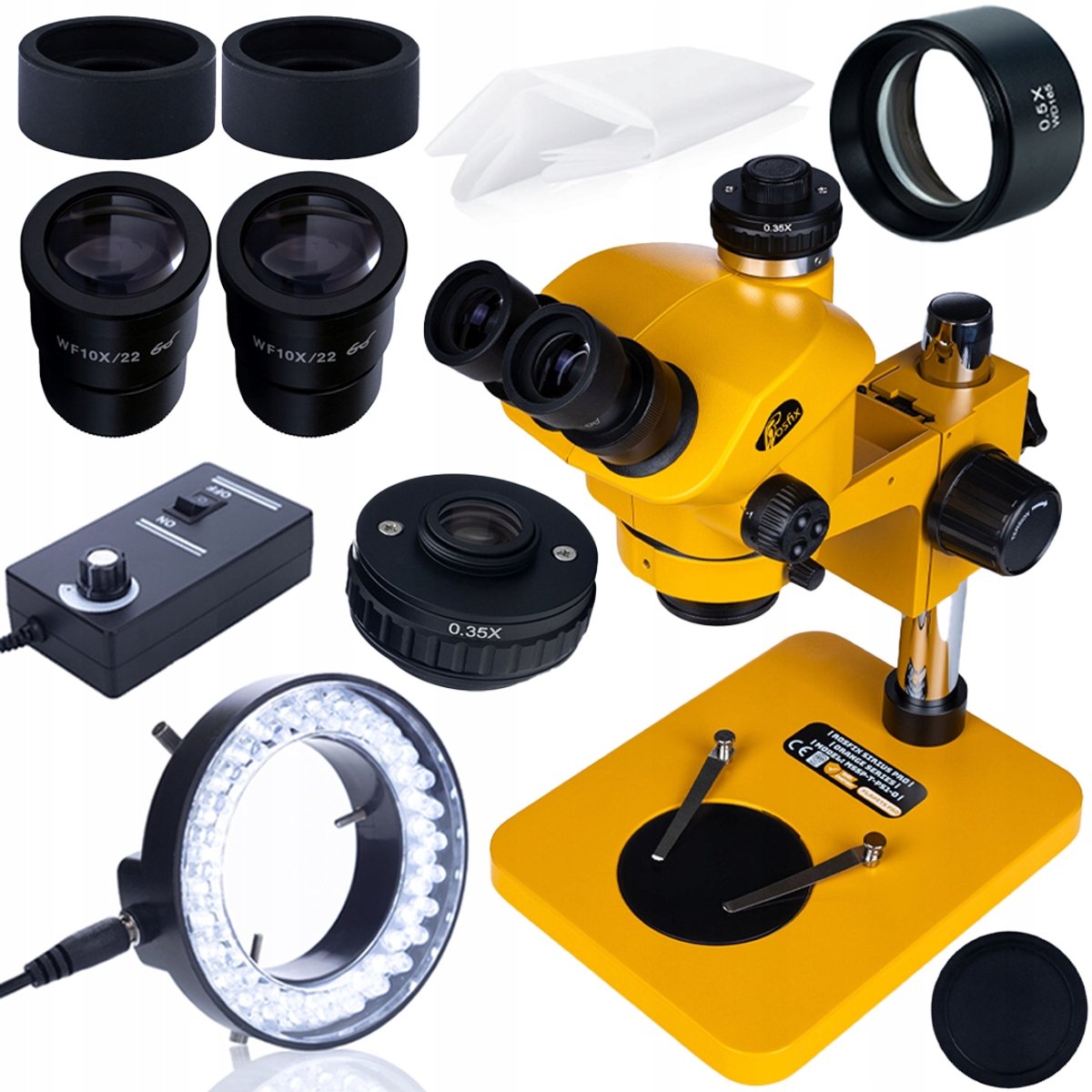 Rosfix Trinoculair Stereomicroscoop - Zoom 7–50x Barlow 0,5x - C-Mount 25mm - WF10X/22, 102mm WD