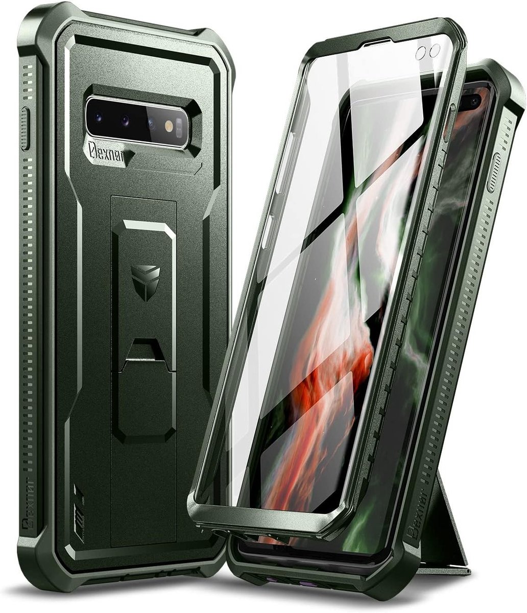 Zware Schokbestendige Beschermcase met Ingebouwd Scherm en Kickstand voor Samsung S10 Plus - Militair Groen, Ideaal voor Bescherming en Stijl