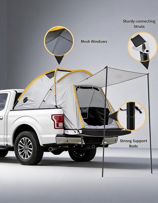 HOERFURIY pick-up laadbak tent groot model met steunen, 210D Oxford stof - autotent voor 2-3 personen met luifel, geschikt voor Silverado, F150, RAM, Sierra, Tundra — afbeelding 3