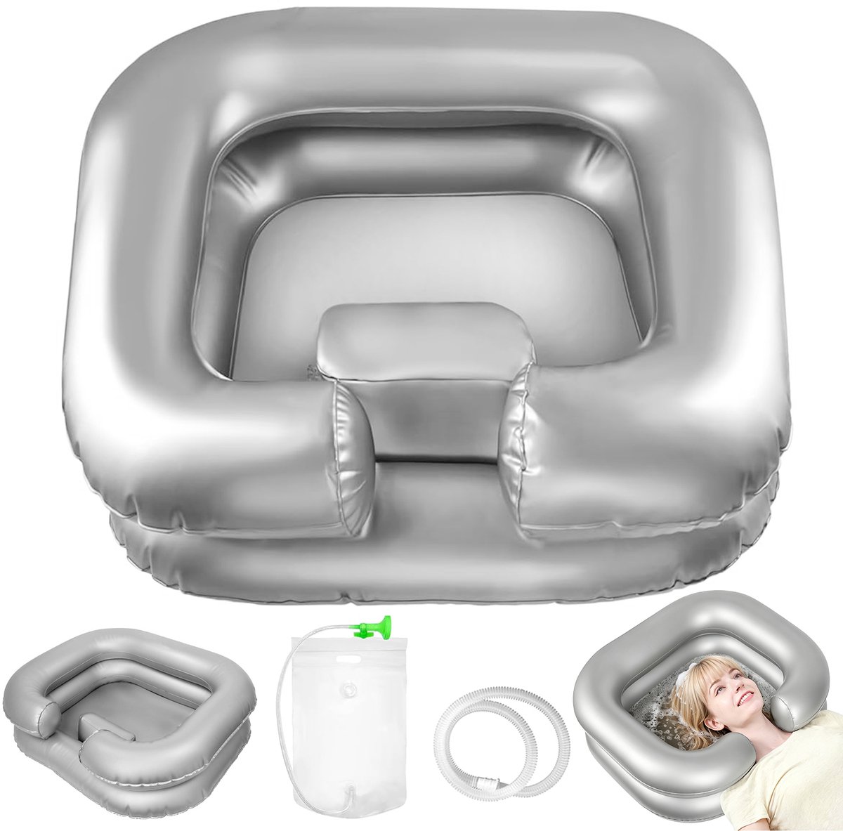 Opblaasbare Haarwasbak - Mobiele Haarwasbak - Opvouwbaar PVC Ontwerp - Ingebouwde Hoofdsteun - Verhoogde Rand tegen Morsen - Inclusief Afvoerslang - Voor Bedverzorging, Thuis, Kamperen en Camper