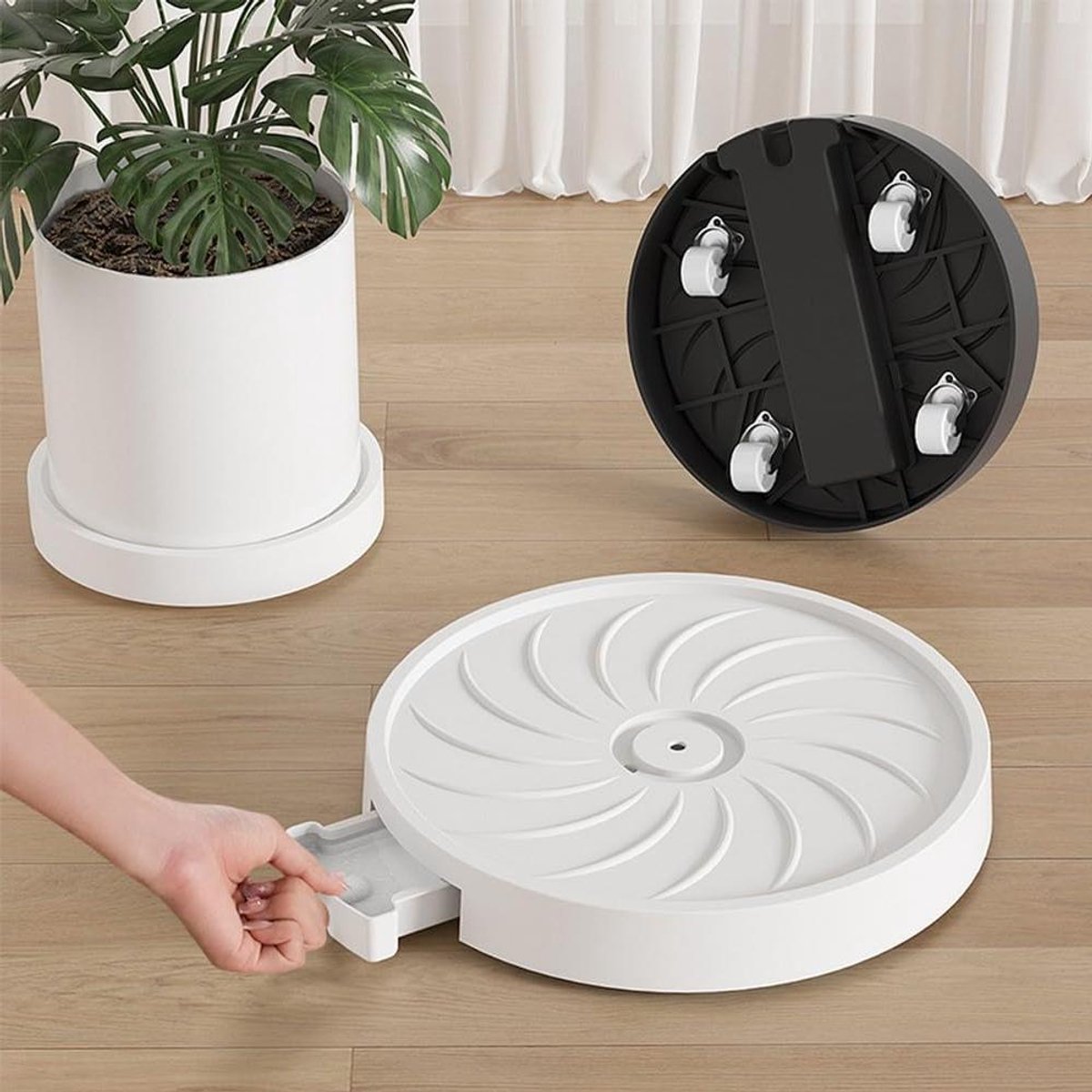Bloempot Caddy - Plantenstandaard Rolbaar - Planten Verplaatsen - Met Waterreservoir - 38 cm - Wit