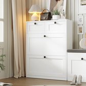 Schoenenkast - Schoenenkast met 2 Klapladen en 2 Lades - Vrijstaande Schoenenkast met Verstelbare Planken - 80X24X100CM