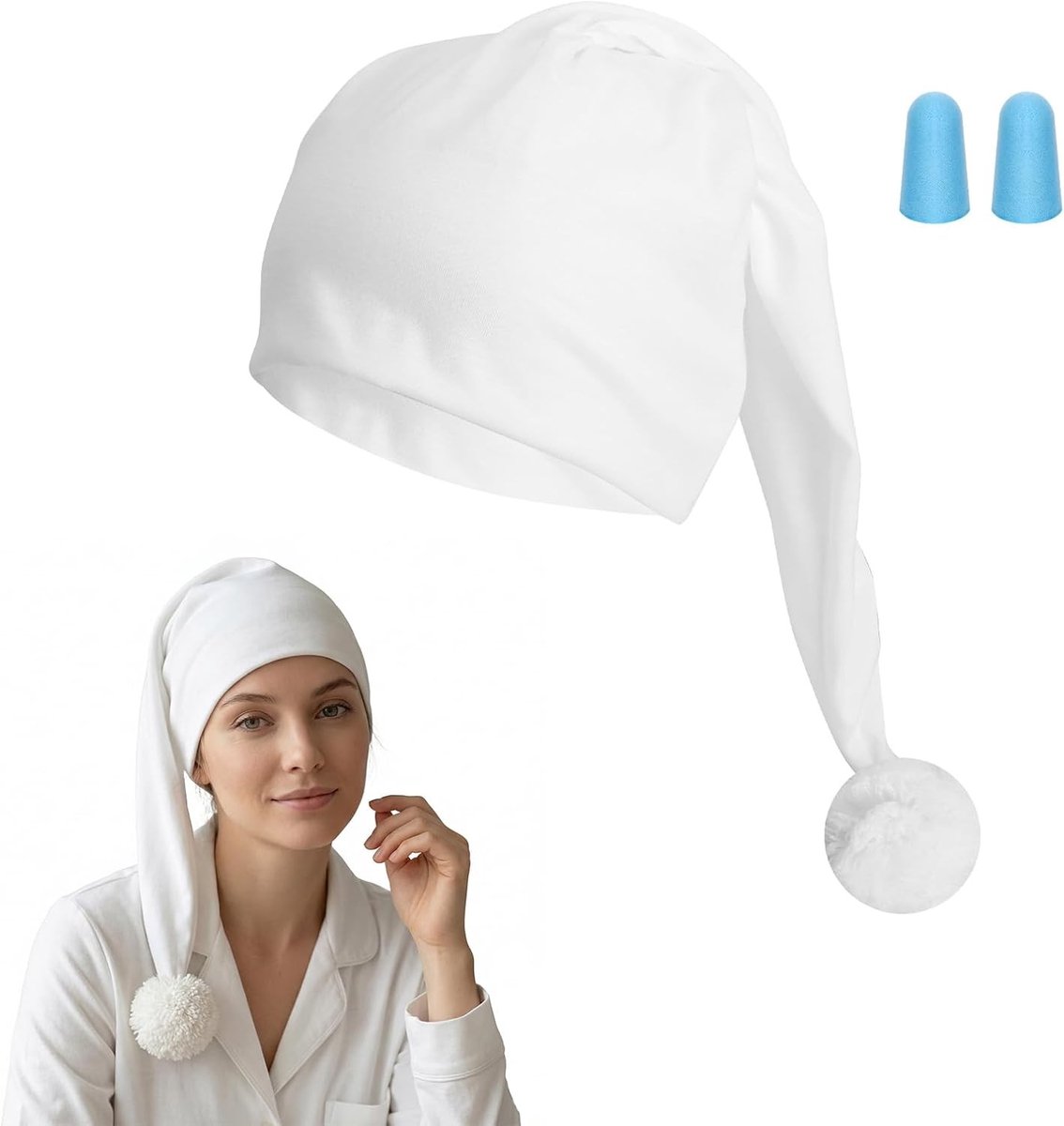 Slaapmuts met pompon en oordopjes, comfortabele puntmuts voor carnaval en pyjamaparty, ademend en lichtgewicht ontwerp (56 cm lang)