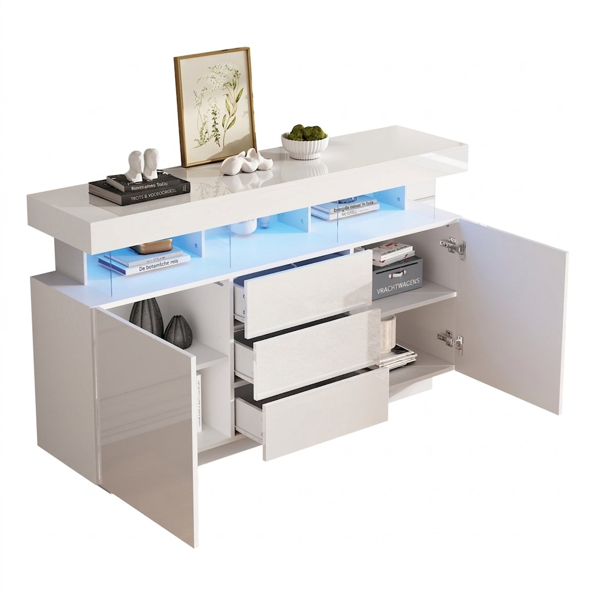 Dressoir-140 cm - Hoogglans met acryl en 16-kleuren LED-verlichting - Wit