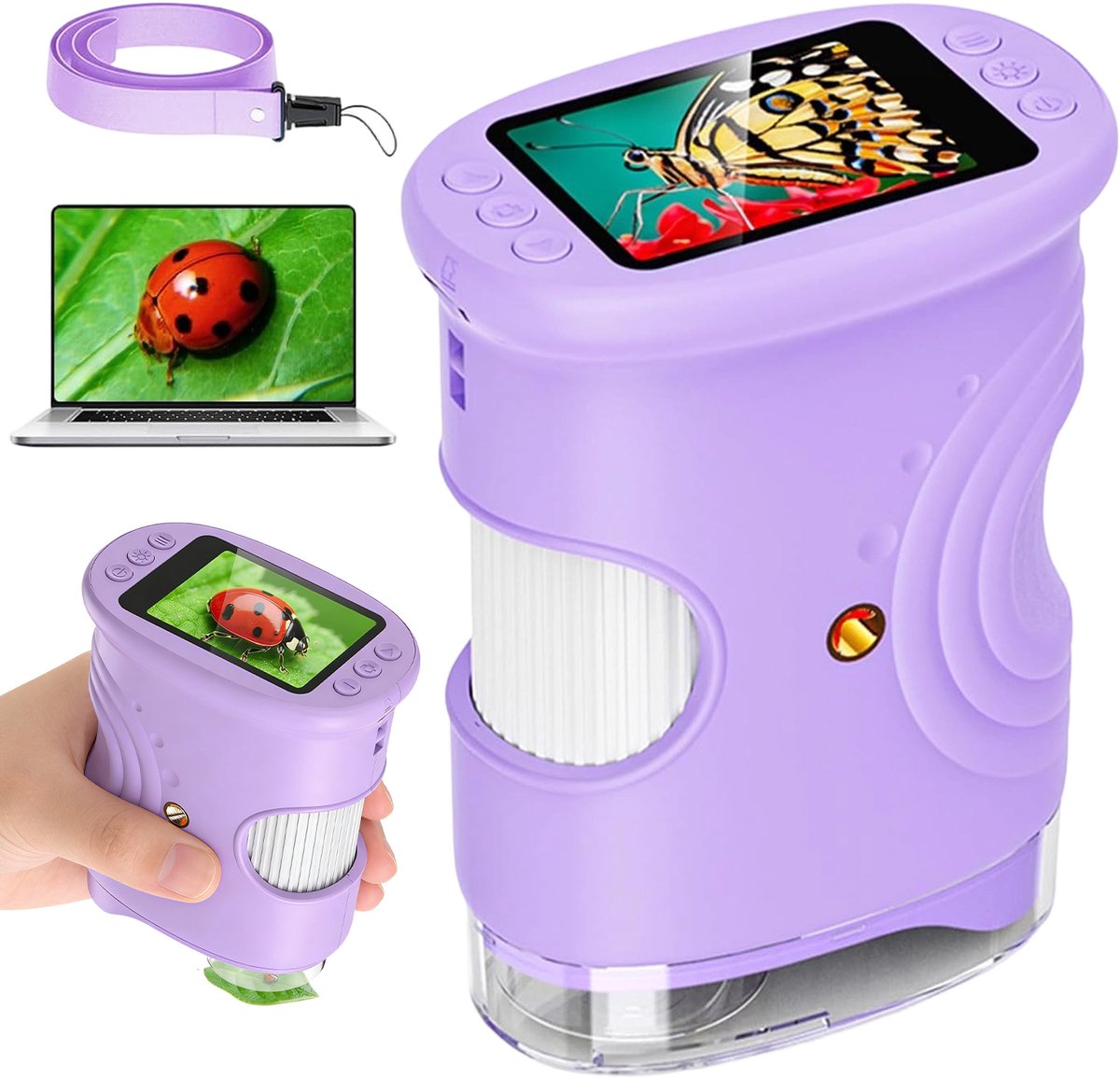 Digitale Kindermicroscoop 1000x Vergroting paars met 200MP camera, 8 LED-verlichting, 600mAh oplaadbare batterij en 32GB opslag, educatief wetenschapscadeau voor kinderen