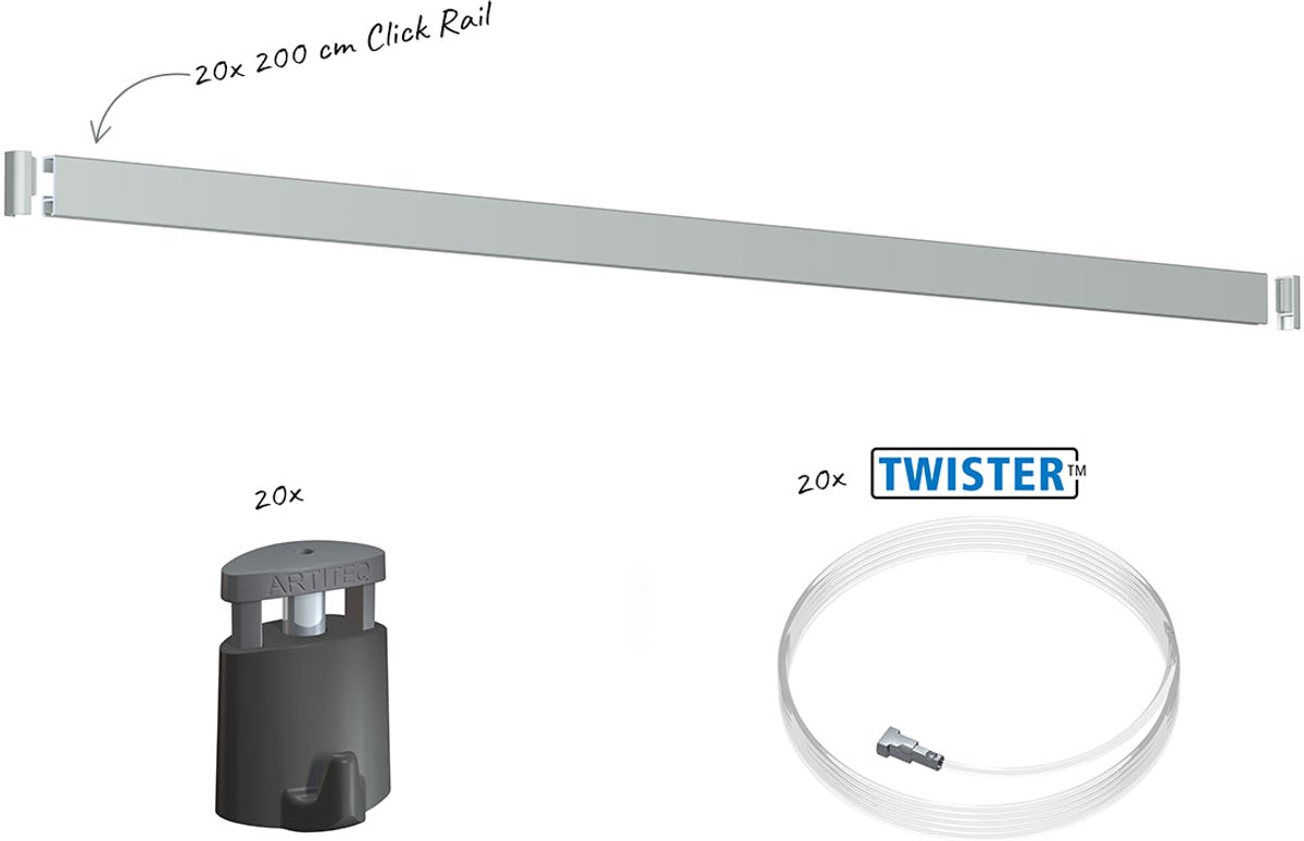 Artiteq Click Rail Schilderij Ophangsysteem 40 meter - Complete Set - Inclusief haken, draden en bevestigingsmaterialen - Aluminium geborsteld - 20 kg/m- Ophangsystemen en rails voor schilderijen, posters en foto's - Ophangen zonder boren