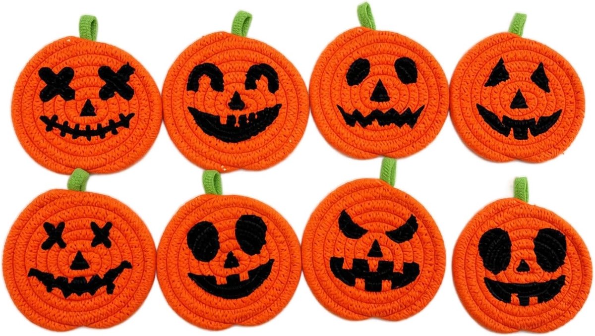 Pompoenvormige placemats van katoenen touw - 8-delige set - Placemats met feestelijke thema's en leuke patronen