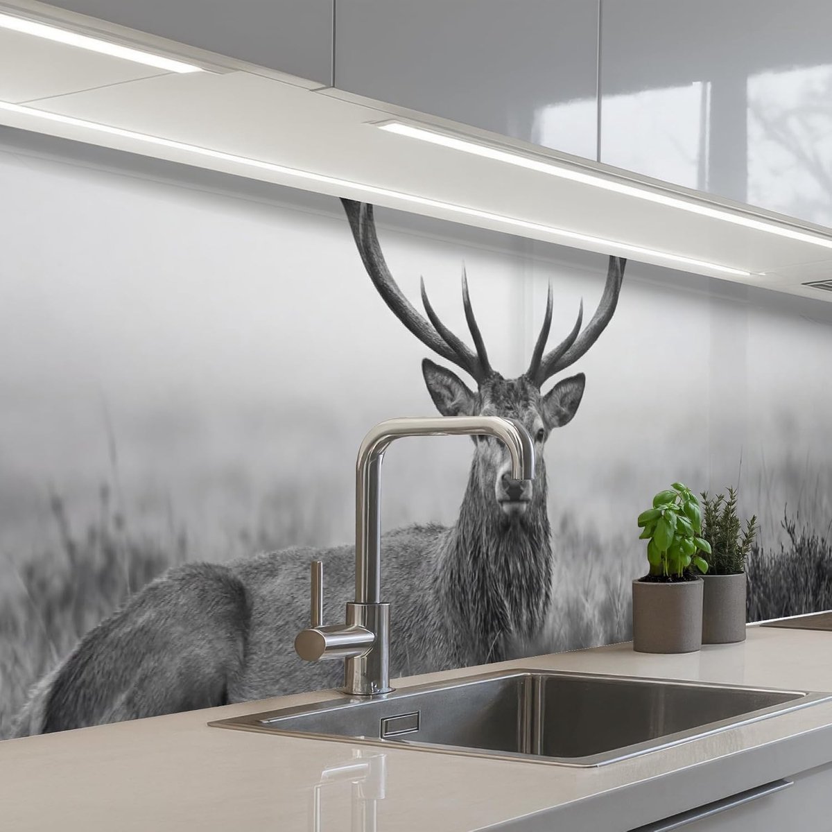 Keukenachterwand 60x250 cm zelfklevend keuken decoratie accessories home kitchen spatscherm Hert - Mistig - Zwart - Wit