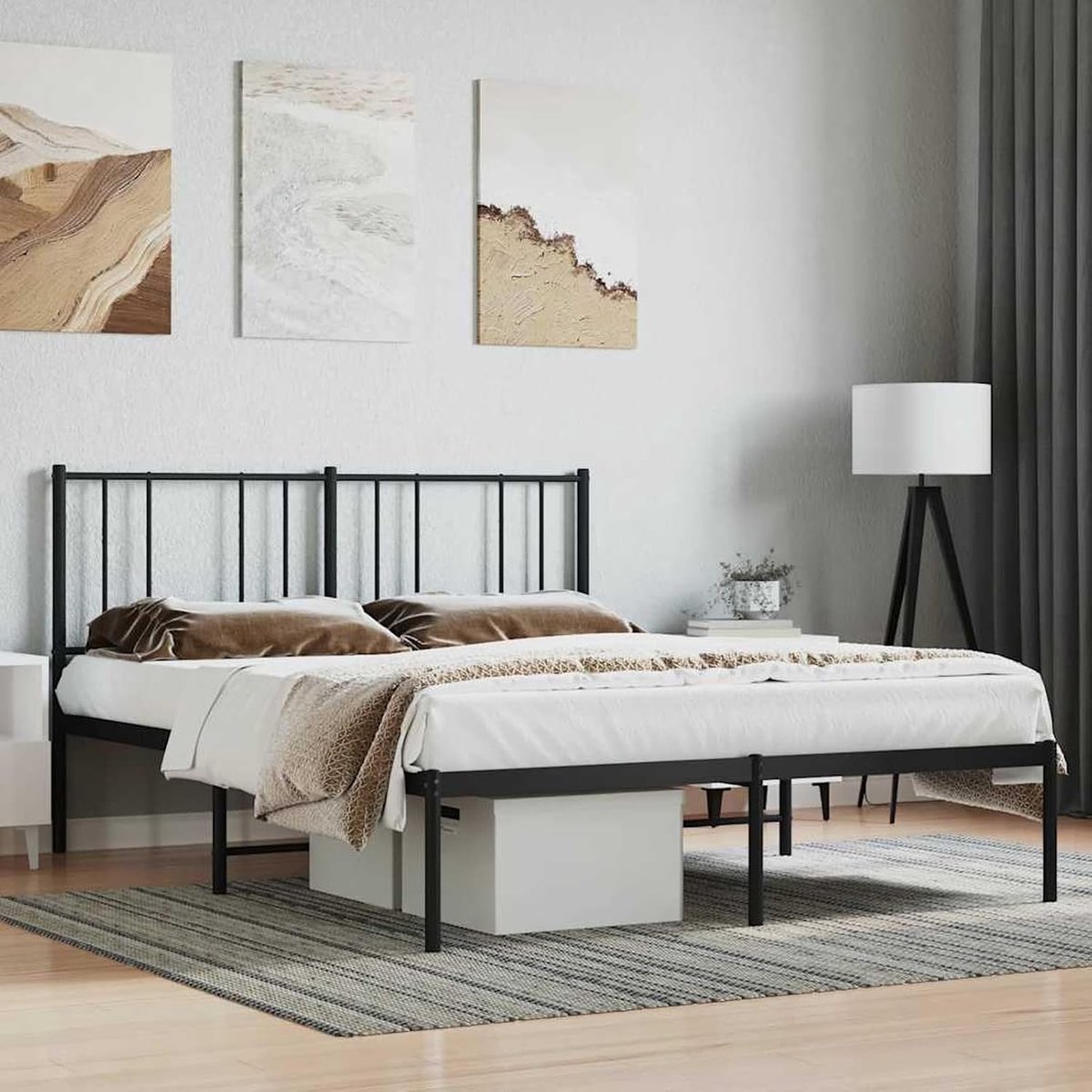Stalen bed met hoofdeinde 120 x 190 cm, robuuste structuur met geïntegreerde latten, in hoogte verstelbaar, onderste opbergruimte van 26 cm, ideaal voor volwassenen, zwart