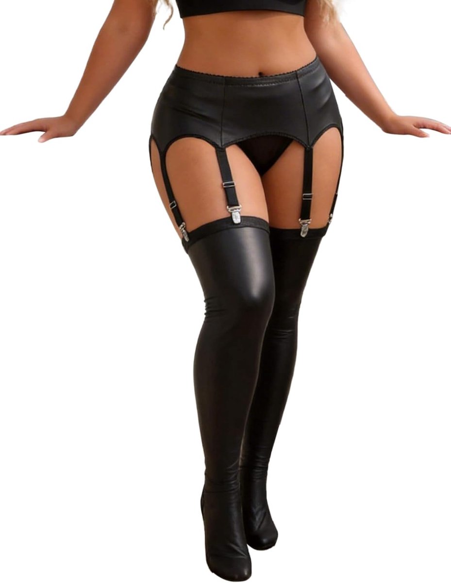 Ohyeahlady Lederen jarretelgordel voor dames, brede PU-lederen jarretelhouder, jarretelbandjes, lingerieset voor vrouwen met 6 houders, curvy, sexy ondergoed, kousenhouder, grote maten (met 12