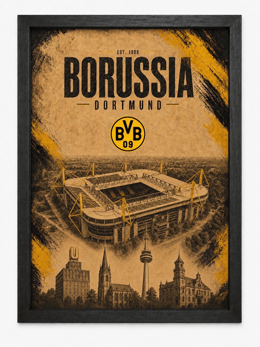 Borussia Dortmund Poster | BVB Stadion & Dortmund Wanddecoratie | Inclusief Zwarte A4 Lijst | Voetbalposter
