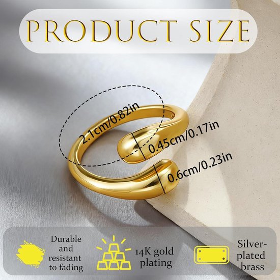 Ringen van roestvrij staal, verstelbaar, cadeau voor vriendin, ringen, goud, roestvrij staal, druppelvorm, dikke kleine vingers, verstelbaar, stapelbaar, hypoallergeen — afbeelding 3