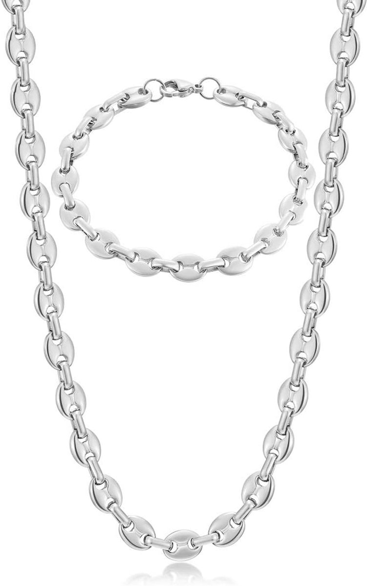 Ketting voor heren, halsketting en armband van roestvrij staal, 6 mm, 9 mm, 11 mm, zilver/goud/zwart, Roestvrij staal, Geen edelsteen
