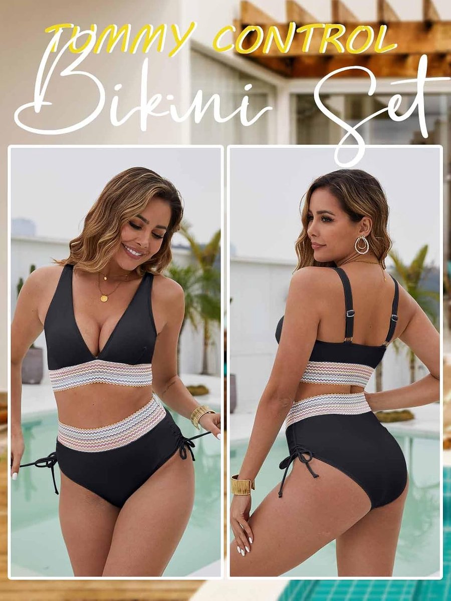 Vrouwen Hoge Taille Bikini Set Push Up Badpak Trekkoord Side Bobo Badmode Kleurblok Badpak