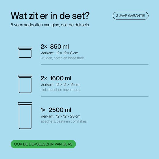 Contenu du set Safecourt: 2 bocaux de 850ml, 2 bocaux de 1600ml, 1 bocal de 2500ml. Le couvercle est aussi en verre.
