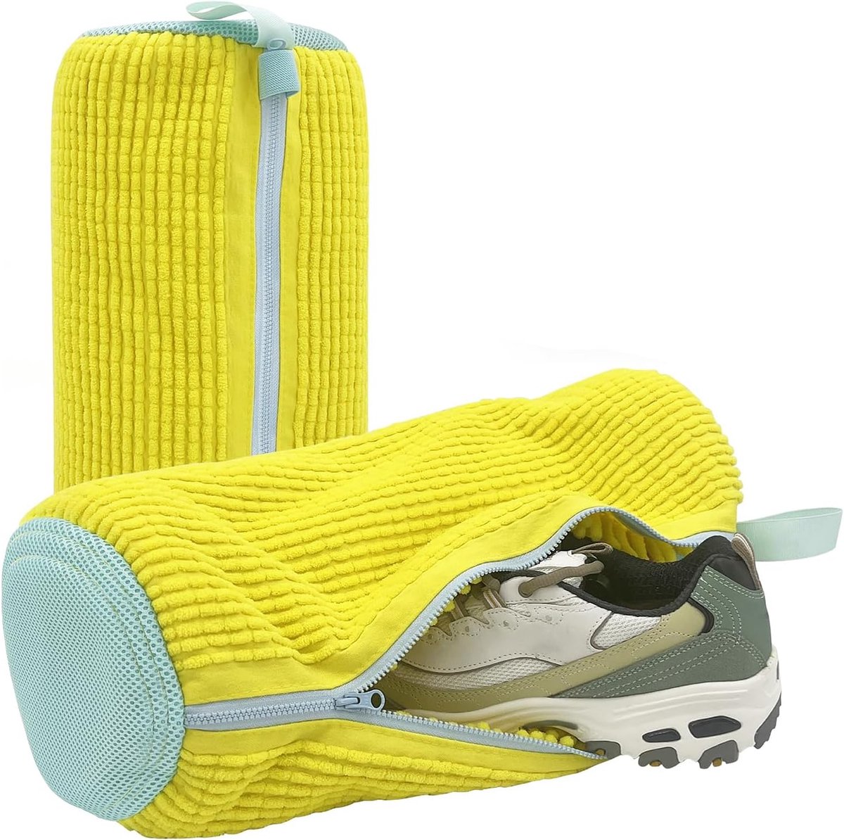 Waszakken voor wasmachine, sneakers waszak, wasmachine wasnet, schoenen, verdikte schoenenzak 360° reiniging, herbruikbare waszak met ritssluiting, geel