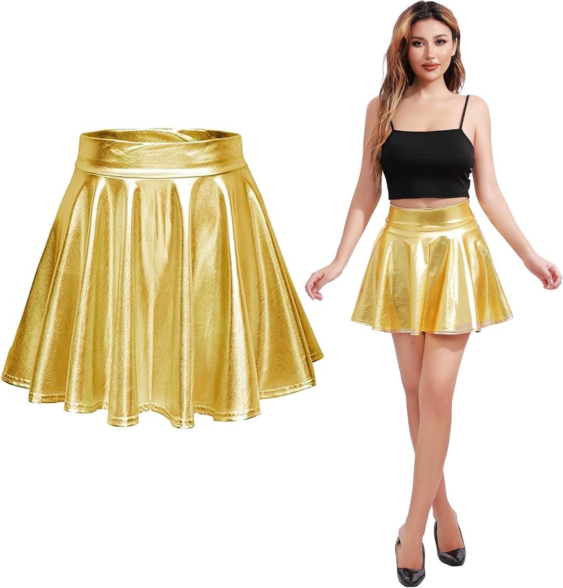 Rok voor dames, hoge taille, metallic rok voor dames, glanzend, niet doorzichtig, kreukvrij, minirok van metaal, sexy minirok voor dans, club, dans
