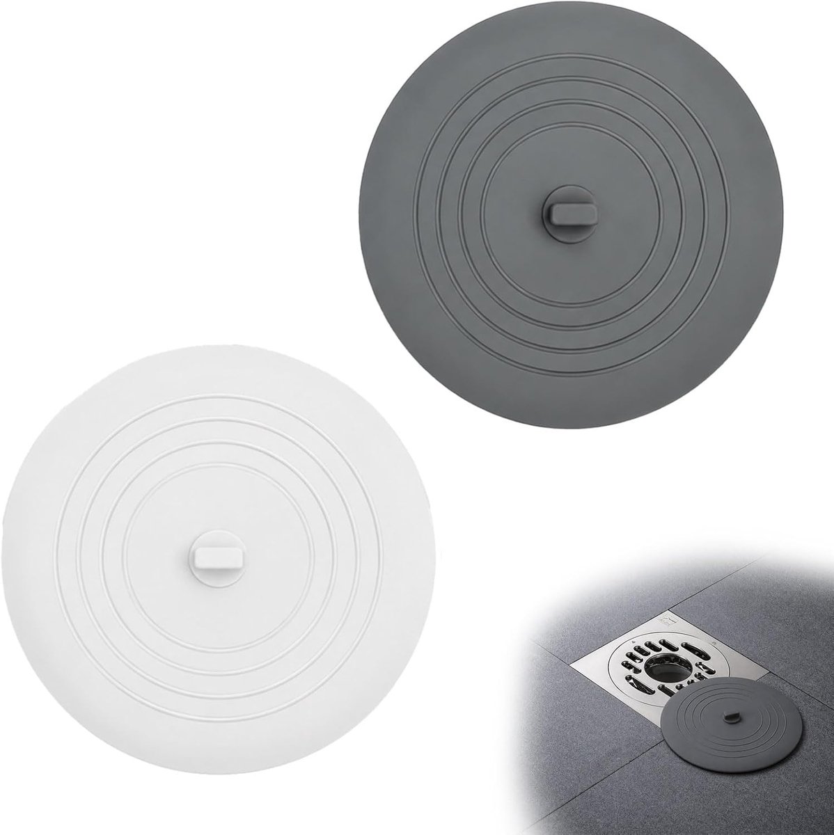 Badkuipafvoerstop, siliconen afvoerstop voor bad, 15,2 cm afdekstop voor douche, keuken, bad tegen haar en water (grijs/wit)