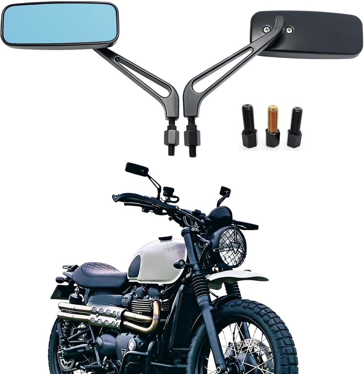 8mm 10mm Motor Rechthoekige Achteruitkijkspiegels met Blauw Glas, Zijspiegels voor Honda, Suzuki, Bobber Cruiser Chopper Scooter Touring Sportfiets ATV