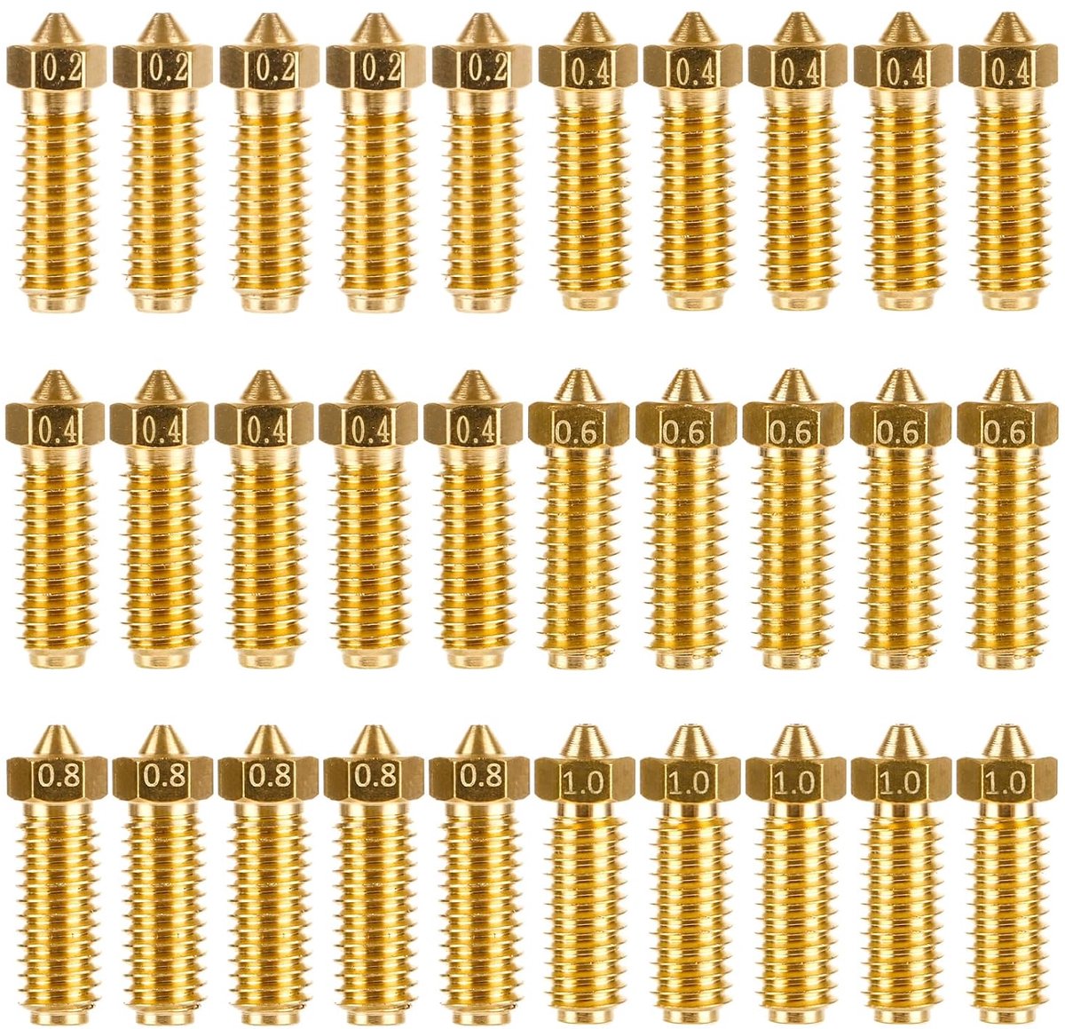 30 stuks 21 × 6 mm messing mondstukken, 5 stuks 0,2 mm, 0,6 mm, 0,8 mm, 1,0 mm en 10 stuks 0,4 mm mondstukken, messing mondstuk, printermondstuk compatibel met FDM-filament, hotend nozzle voor