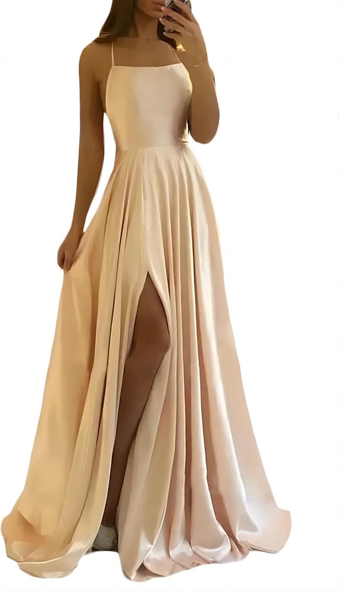 Xxxiticat Elegante lange baljurk voor dames, satijn, A-lijn, bruiloftsjurk, avondjurken, sexy halterjurk, spaghetti bruidsjurk, lange prinsessenjurk, bruidsmeisjesjurk
