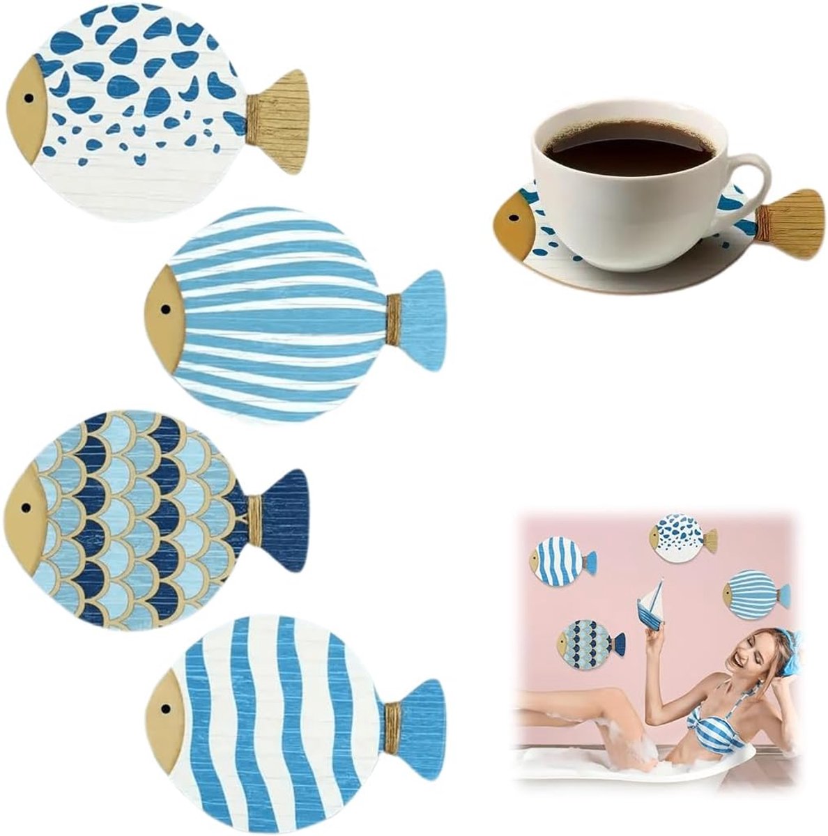 4 stuks, viswanddecoratie, houten strandstijl, vintage houten onderzetters (blauw)