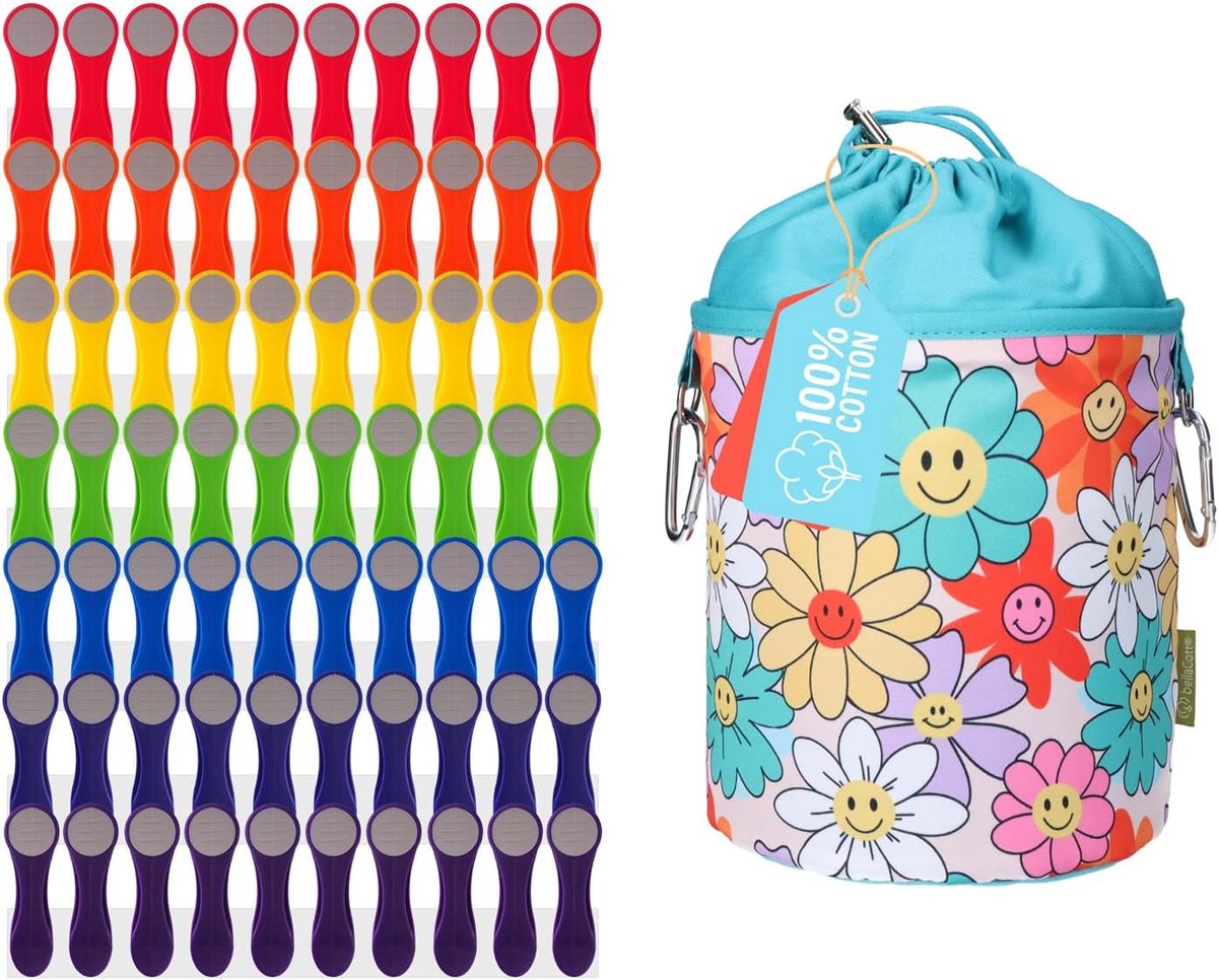 Wasknijpers set regenboog met katoenen wasknijperzak bloemen-smiley design, antislip, met karabijnhaak en trekkoord, wasbaar