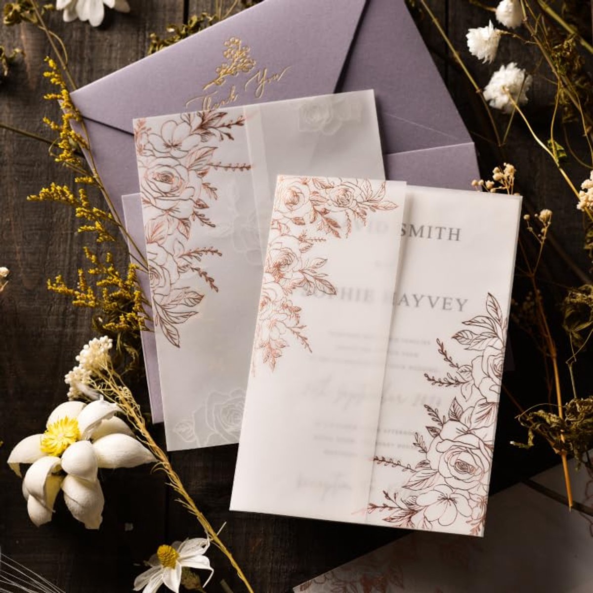Perkamentjassen voor 5x7 uitnodigingen - roségoud foliepatroon - 105GSM perkamentpapier 5x7 jassen - perkament bruiloft uitnodigingen wraps - transparant bruiloft