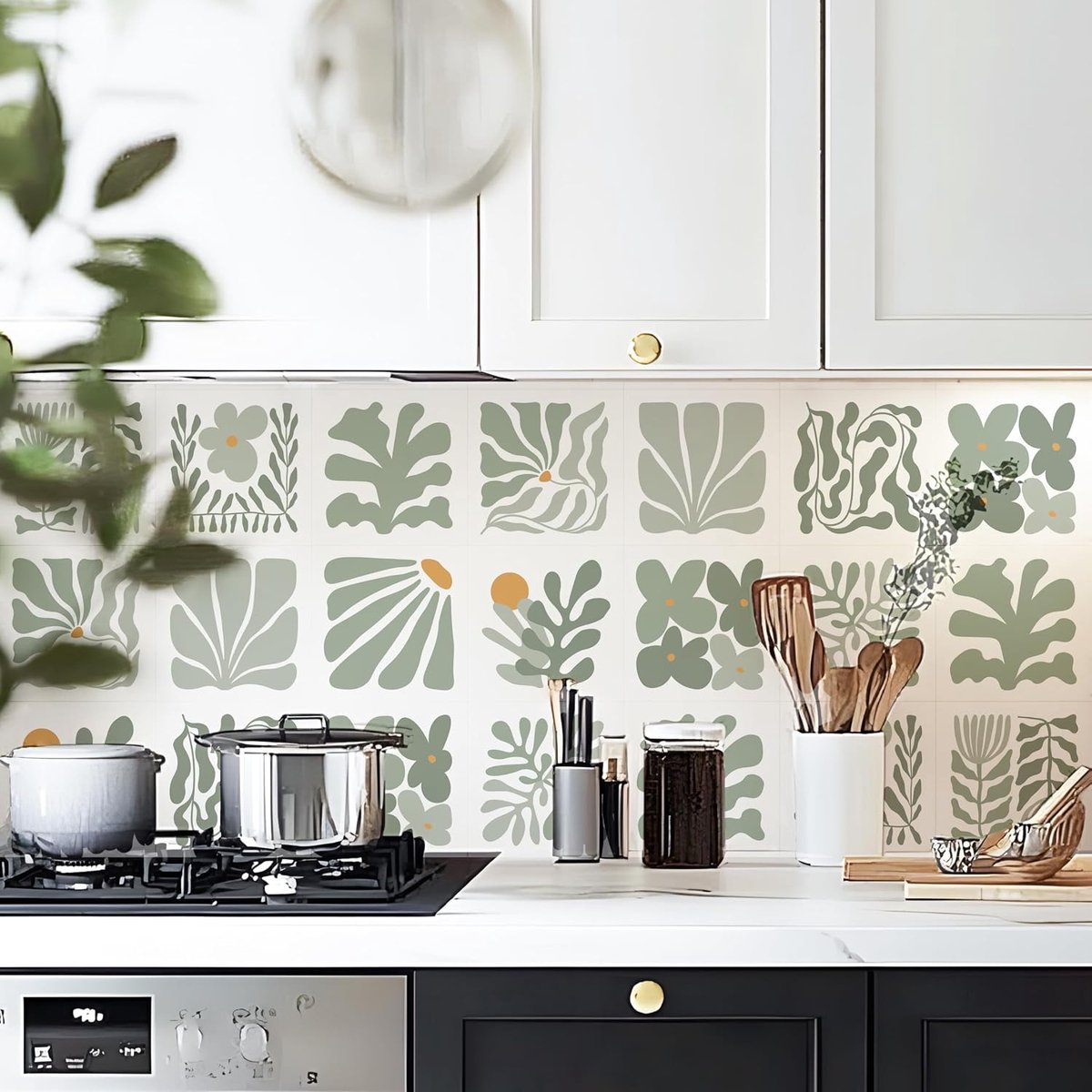 Zelfklevende vinyl wandtegel stickers, 25 stuks, 20cm/8inch peel-and-stick tegels, transfer vinyl vloerbedekking, waterdichte spatwand voor keuken en badkamer, saliegroen bloemmotief