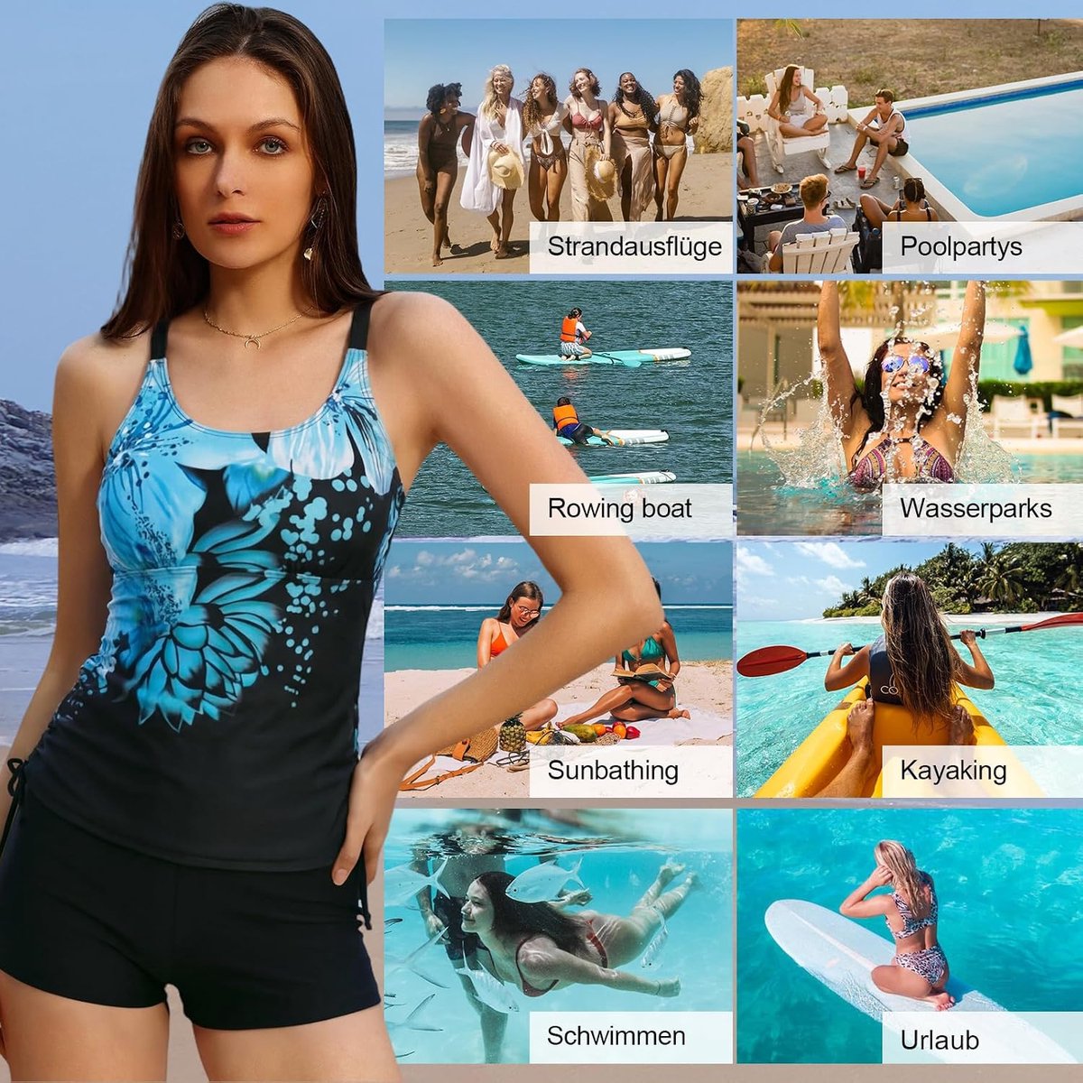 Tankini Tweedelig badpak voor dames, buikweg, tankini-bovendeel en hoge taille, comfortabele badmode met verstelbare schouderbanden, sportieve strandmode