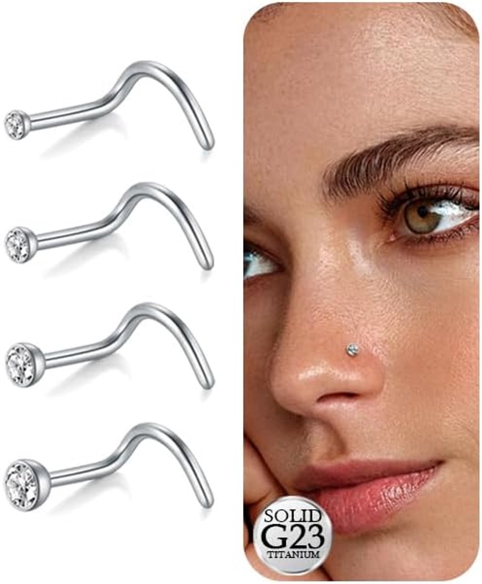 20G Titanium Neus Stud Zilver, 1.5mm 2mm 2.5mm 3mm Diamant Neus Studs L-vormige Schroef Rechte Titanium Neus Piercing Sieraden voor Vrouwen Mannen, 4 Stuks