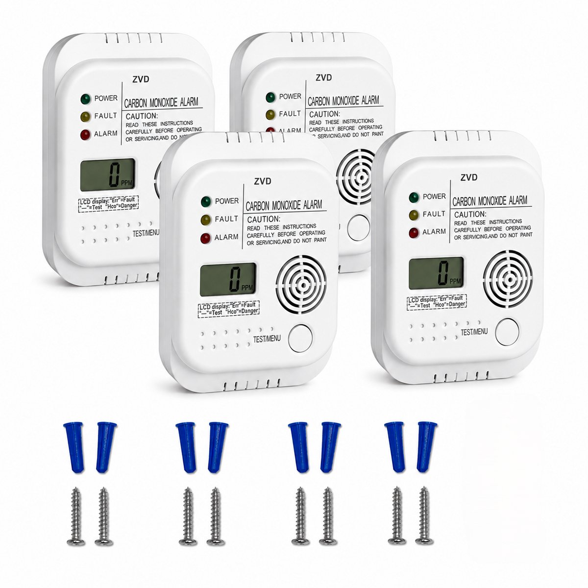 Koolmonoxidemelder met LCD-Scherm - 85 dB Geluids- en Lichtalarm - Batterijgevoed - Draagbaar voor Thuis, Keuken, Slaapkamer, Garage en Camper - 4 Stuks