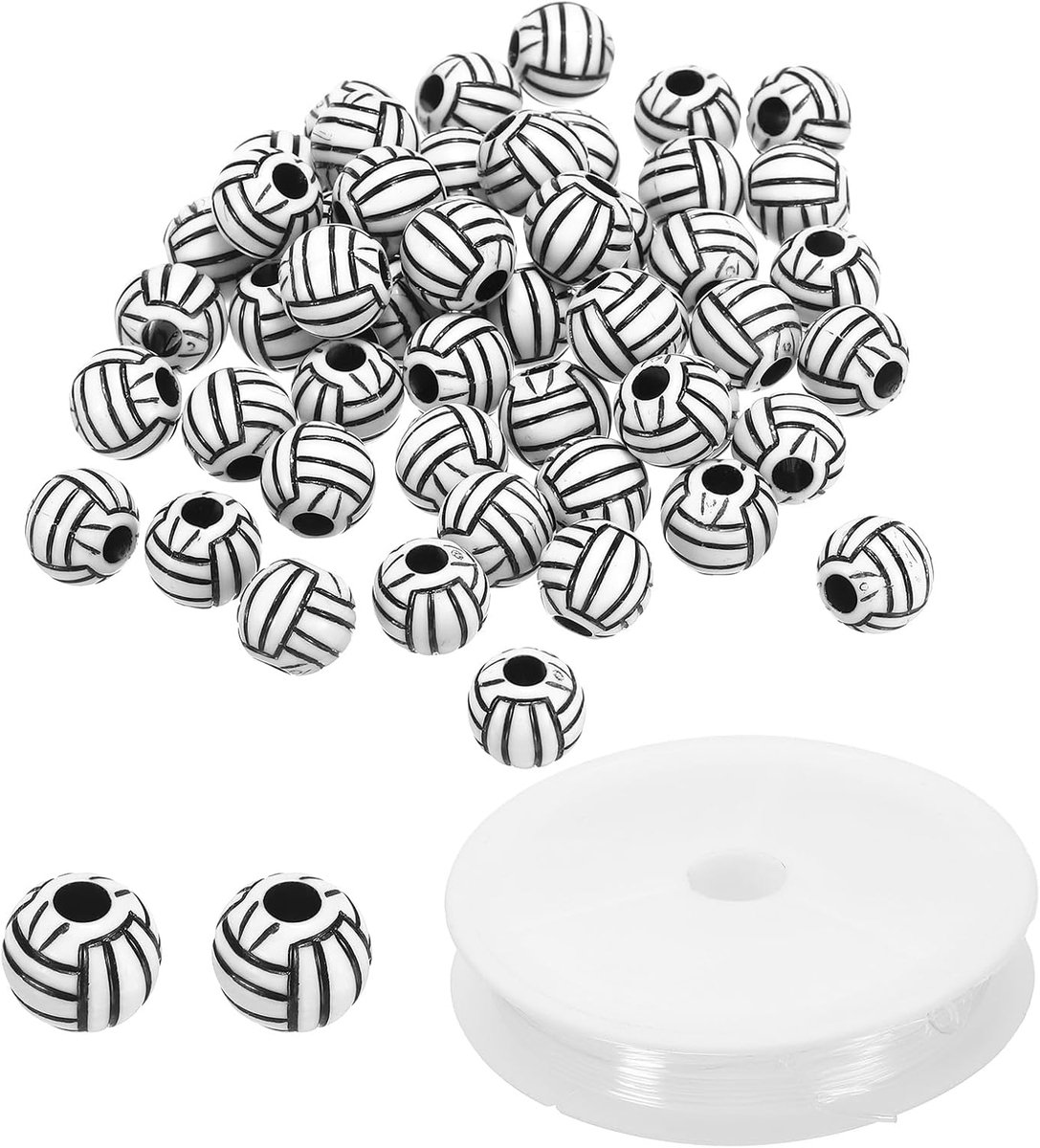 Kralen, 50 stuks acryl volleybalkralen, bulk, ronde sportspacer-kralen met elastisch touw van 4,4 meter voor doe-het-zelf knutselen, armbanden en kettingen, zwart-wit