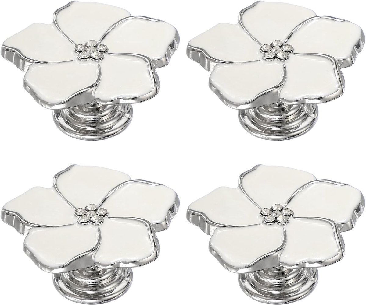 4 bloemenhandgrepen, metalen ladeknoppen voor meubels, bloemblaadjes handgrepen met strass voor kast, kastdeur, decoratieve handgrepen, wit/zilver