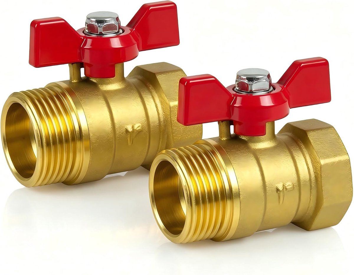 2 stuks messing kogelkraan 1 inch DN25 afsluitventiel IG/AG (buitendraad/binnendraad) volledige doorgang, rode vleugelgreep DN25 PN16 300WOG voor kraan en waterleidingen