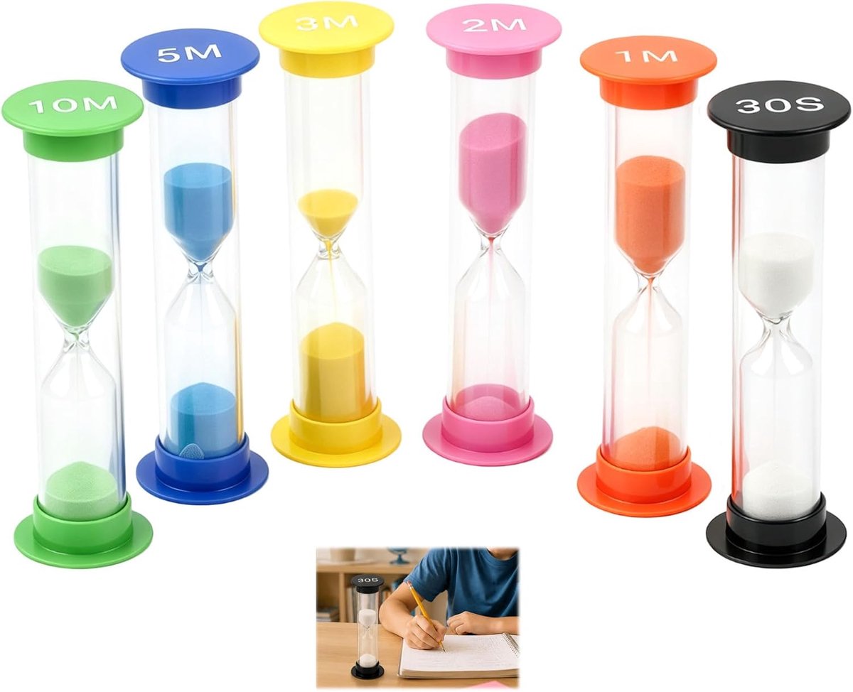 Timerset, 6-delige zandlopers met verschillende looptijden, praktische timer voor kinderen en dagelijks gebruik