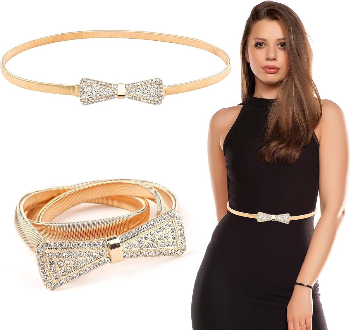 Strass Strik Skinny Taille Riem voor Vrouwen, Verstelbare Elastische Metalen Riem, Glanzende Stretch Taille Ketting voor Jurken, Avondjurken, Feestoutfits