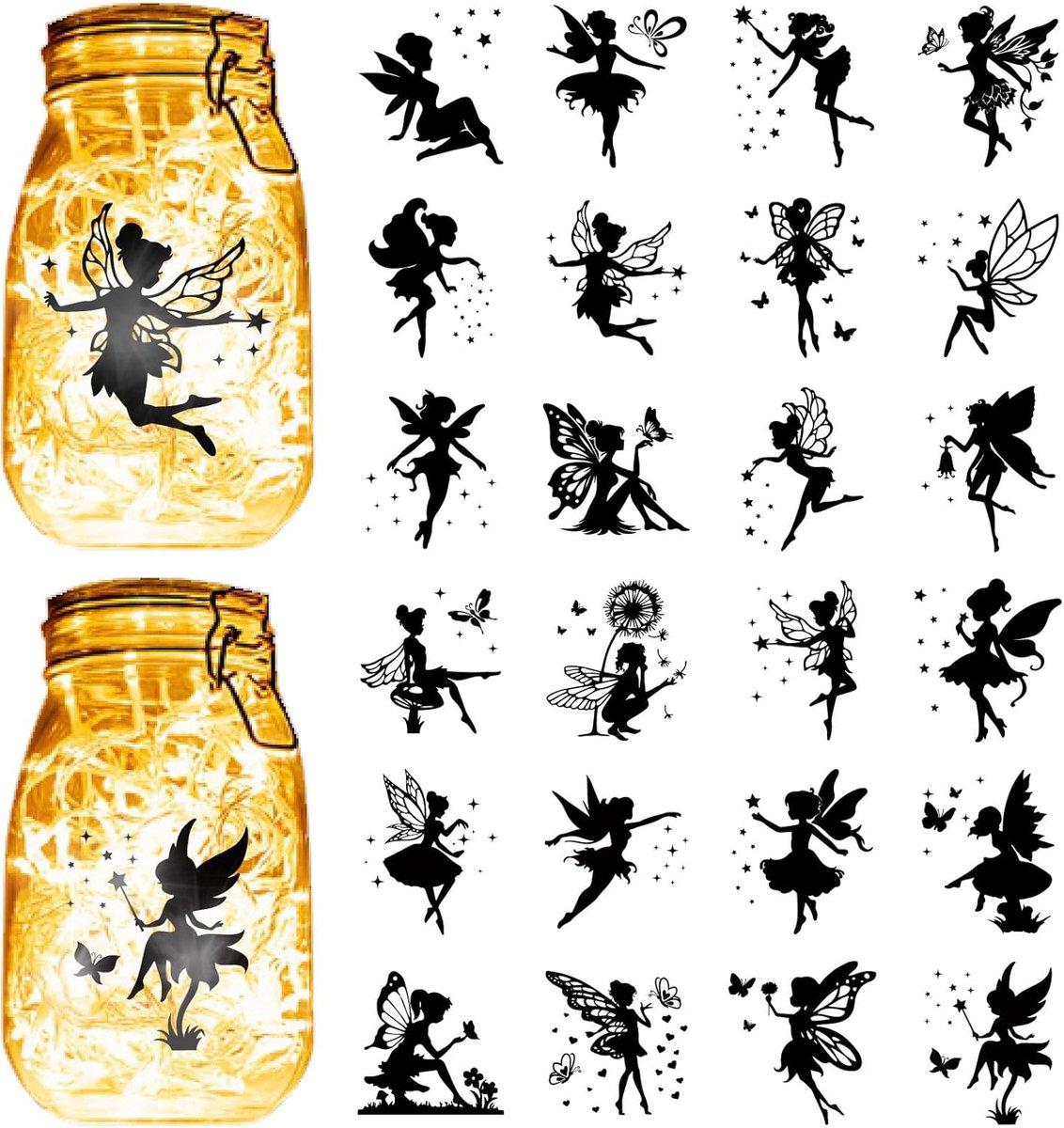 24 stuks Fairy Silhouetten Mason Jar Decor PVC Laser Die Cut Silhouetten Angel Cutouts Scrapbook Kartonnen Silhouet Ornamenten voor Potten Lantaarn Frosted Venster Glas 10 x 7 cm - Geen